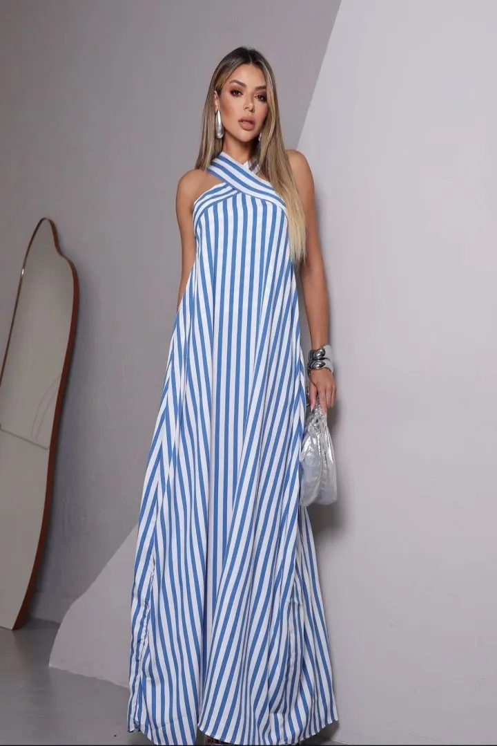Vestido Longo Halter Listrado — Azul