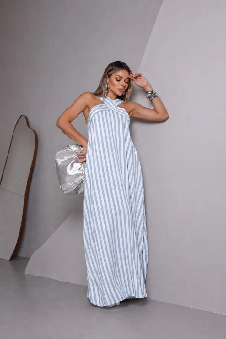 Vestido Longo Halter Listrado — Azul claro