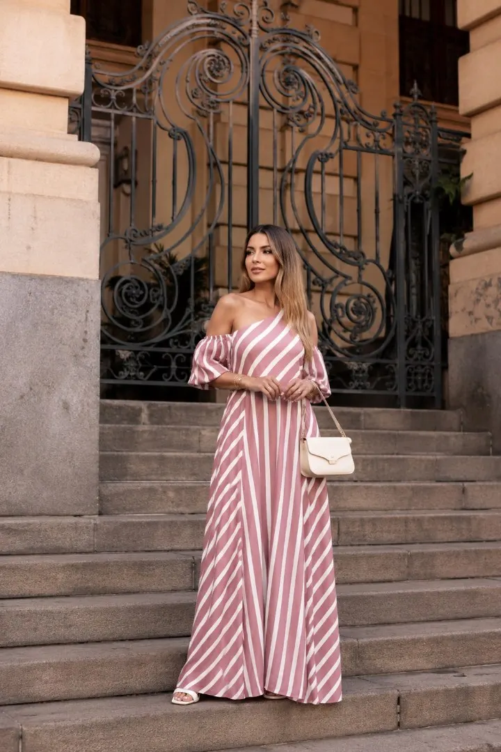 Vestido Longo Um Ombro Listrado — Rosa